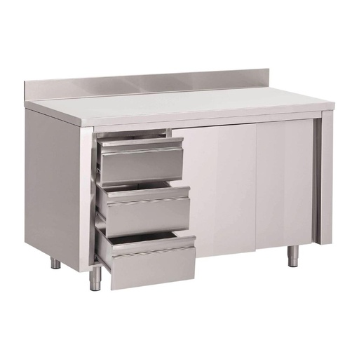 [DS440] Table armoire inox avec dosseret 3 tiroirs à gauche et portes coulissantes Gastro M 880x1000x700mm