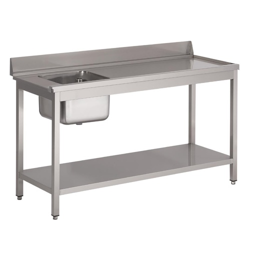 [DS460] Table d'entrée lave-vaisselle inox avec bac à gauche dosseret et tablette inférieure Gastro M 850x1000x700mm