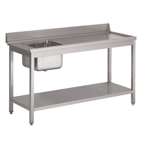 [DS462] Table d'entrée lave-vaisselle inox avec bac à gauche dosseret et tablette inférieure Gastro M 850x1400x700mm