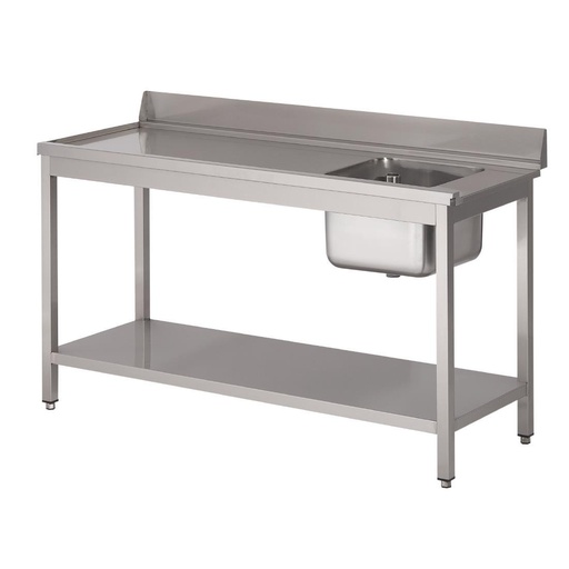 [DS463] Table d'entrée lave-vaisselle inox avec bac à droite dosseret et tablette inférieure Gastro M 850x1400x700mm
