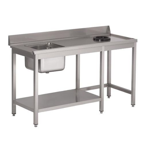 [DS464] Table d'entrée lave-vaisselle inox avec bac à gauche TVO dosseret et tablette inférieure Gastro M 1000 x 700mm