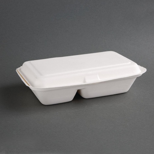 [FC524] Boîtes 2 compartiments avec couvercle à charnière compostables en bagasse Fiesta Compostable 253mm (lot de 200)