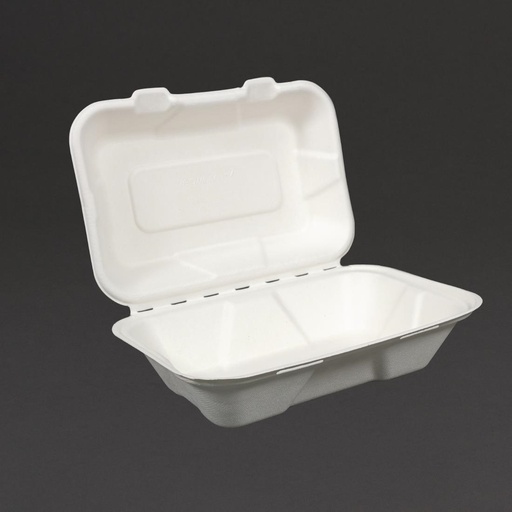[GH026] Boîtes repas en bagasse compostables avec couvercle à charnière Vegware 228mm (Lot de 200)