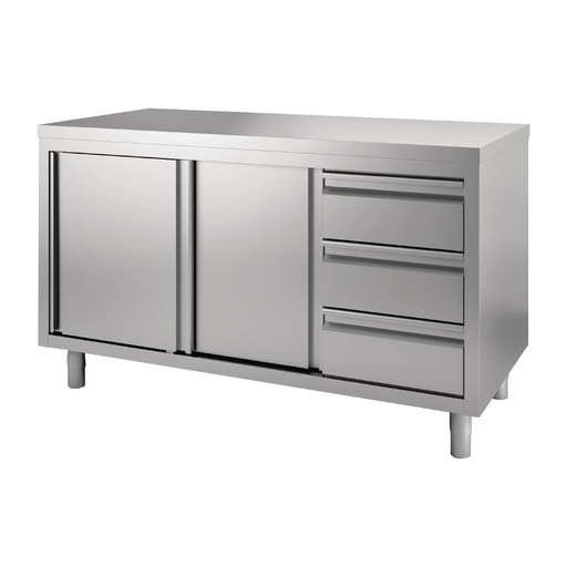 [GN163] Table armoire inox avec portes coulissantes et 3 tiroirs à droite Gastro M 1400 x 700 x 880mm