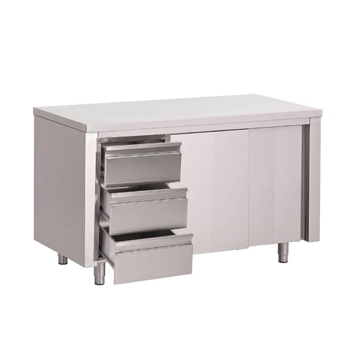 [GN164] Table armoire inox avec portes coulissantes et 3 tiroirs à gauche Gastro M 1500 x 700 x 880mm
