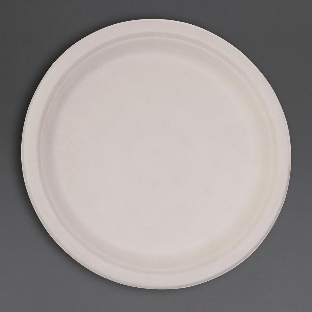 Assiettes rondes compostables en bagasse Fiesta Compostable coloris naturel 260mm (lot de 50)