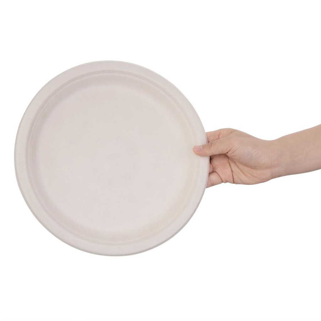 Assiettes rondes compostables en bagasse Fiesta Compostable coloris naturel 260mm (lot de 50)