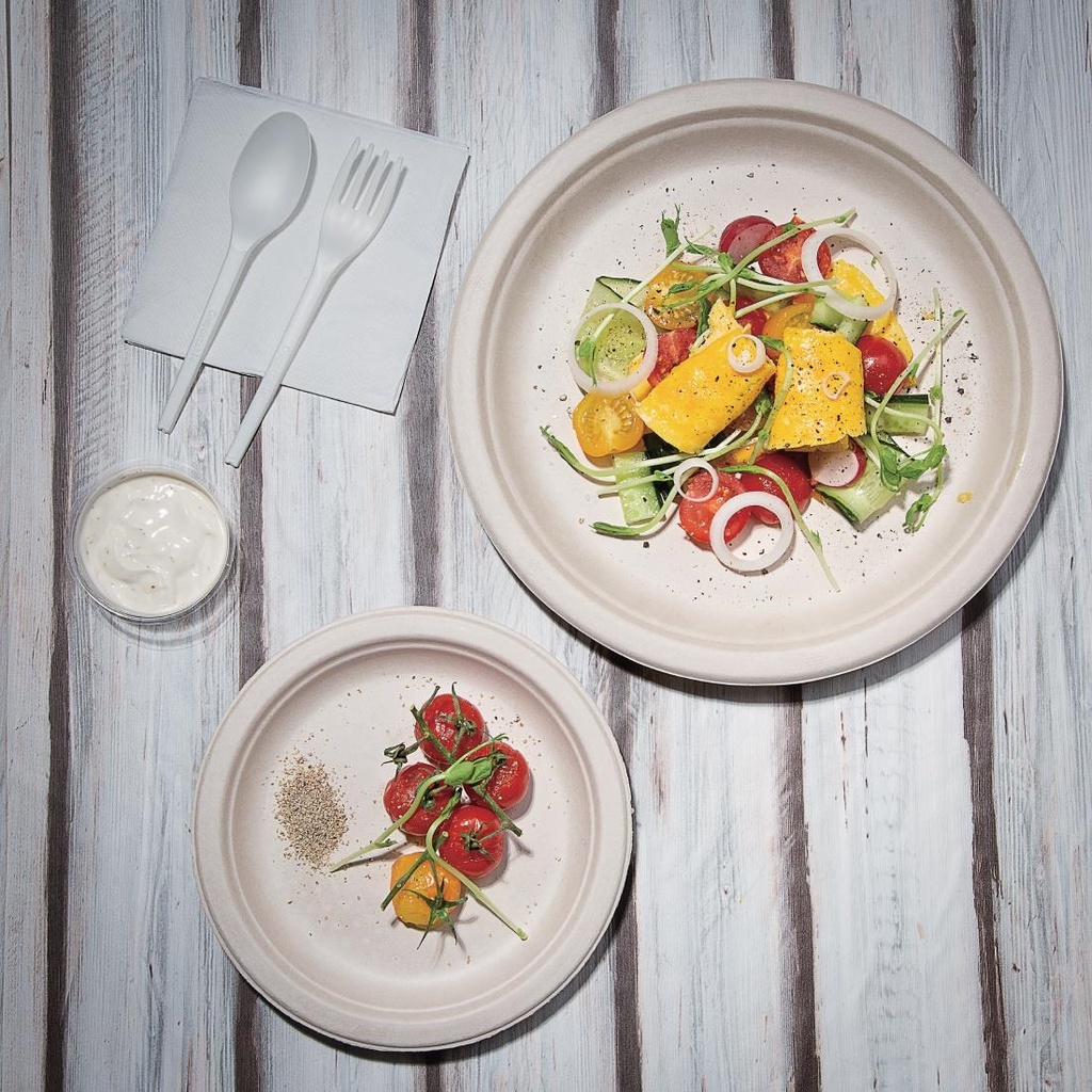 Assiettes rondes compostables en bagasse Fiesta Compostable coloris naturel 260mm (lot de 50)