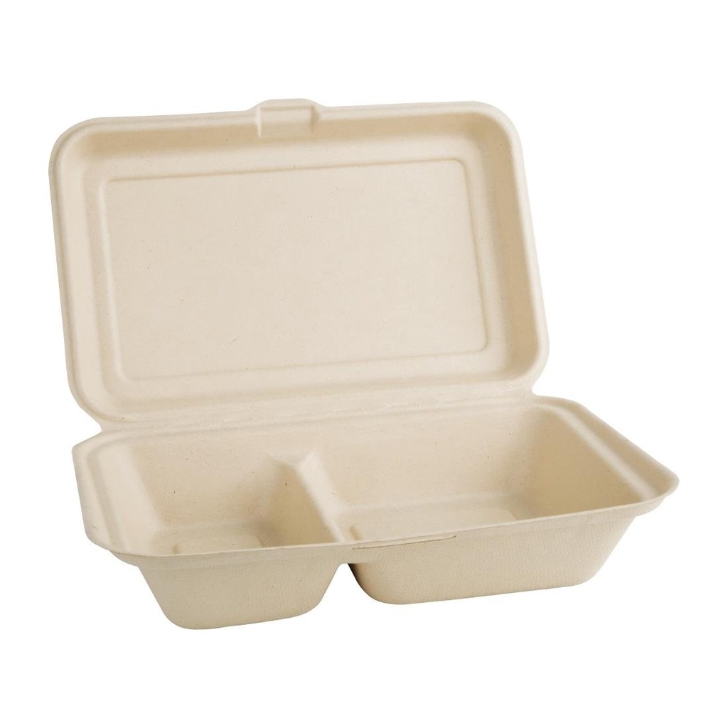 Boîtes 2 compartiments avec couvercle à charnière compostables en bagasse coloris naturel Fiesta Compostable 253mm (lot de 200)