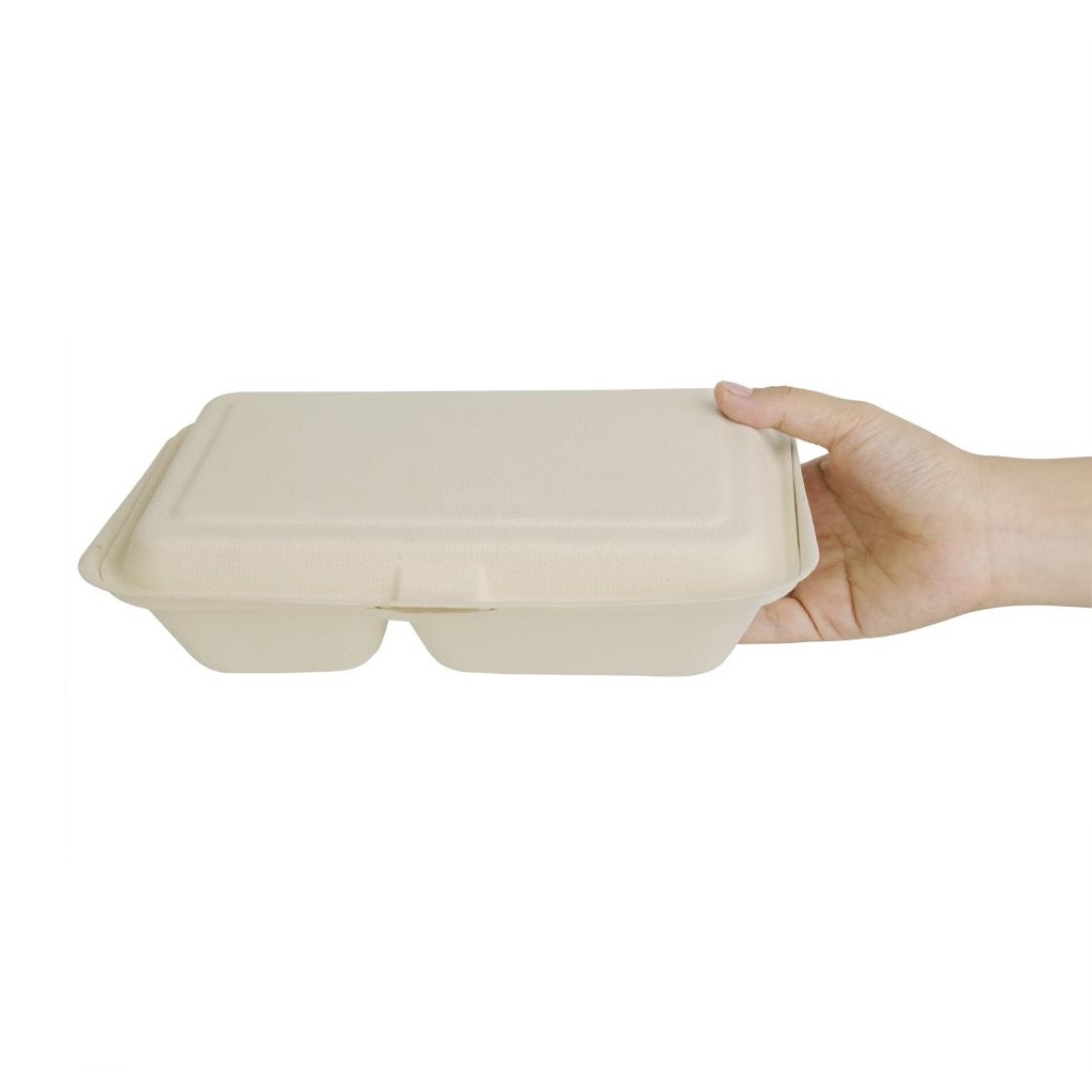 Boîtes 2 compartiments avec couvercle à charnière compostables en bagasse coloris naturel Fiesta Compostable 253mm (lot de 200)