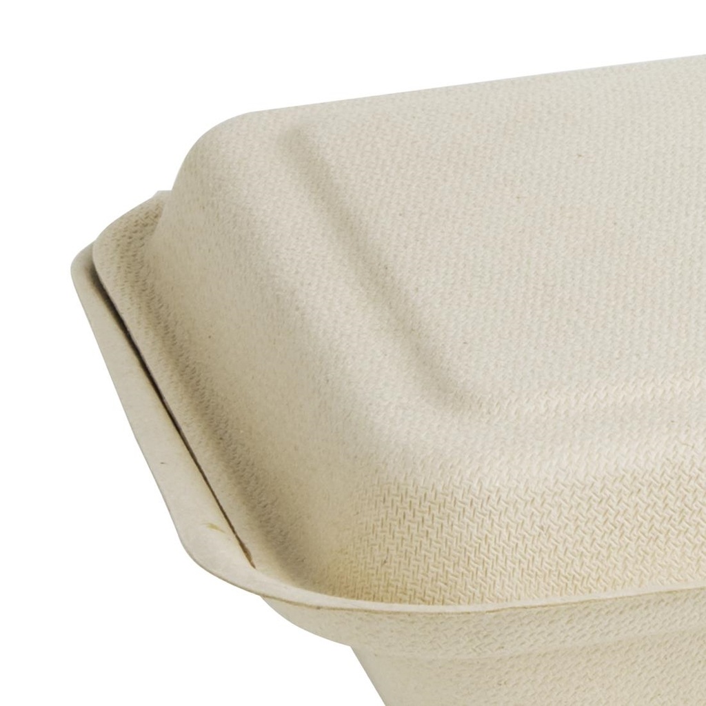 Boîtes 2 compartiments avec couvercle à charnière compostables en bagasse coloris naturel Fiesta Compostable 253mm (lot de 200)