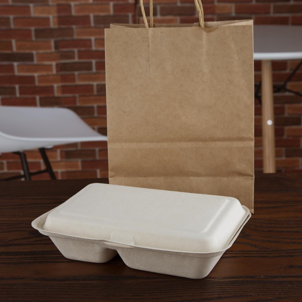 Boîtes 2 compartiments avec couvercle à charnière compostables en bagasse coloris naturel Fiesta Compostable 253mm (lot de 200)