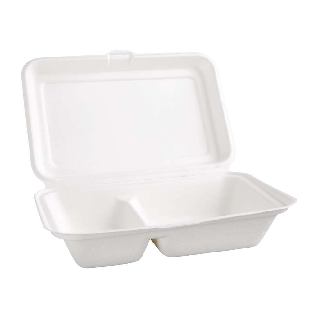 Boîtes 2 compartiments avec couvercle à charnière compostables en bagasse Fiesta Compostable 253mm (lot de 200)