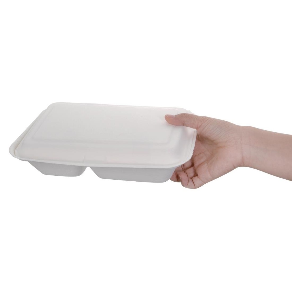 Boîtes 2 compartiments avec couvercle à charnière compostables en bagasse Fiesta Compostable 253mm (lot de 200)