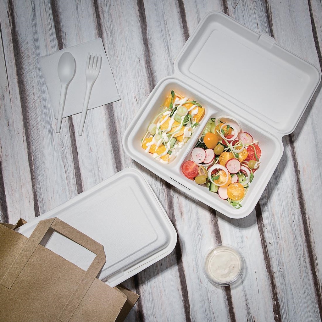 Boîtes 2 compartiments avec couvercle à charnière compostables en bagasse Fiesta Compostable 253mm (lot de 200)