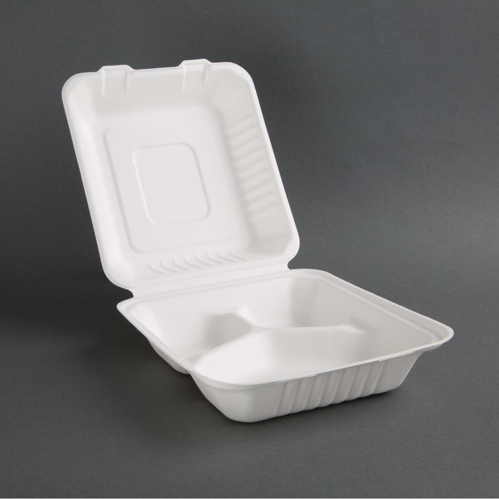 Boîtes 3 compartiments avec couvercle à charnière compostables en bagasse Fiesta Compostable 201mm (lot de 200)