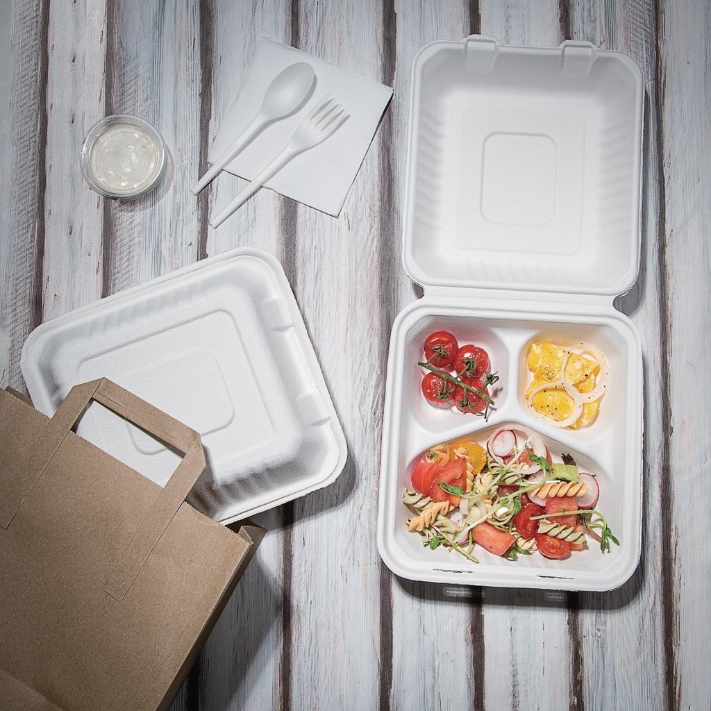 Boîtes 3 compartiments avec couvercle à charnière compostables en bagasse Fiesta Compostable 201mm (lot de 200)