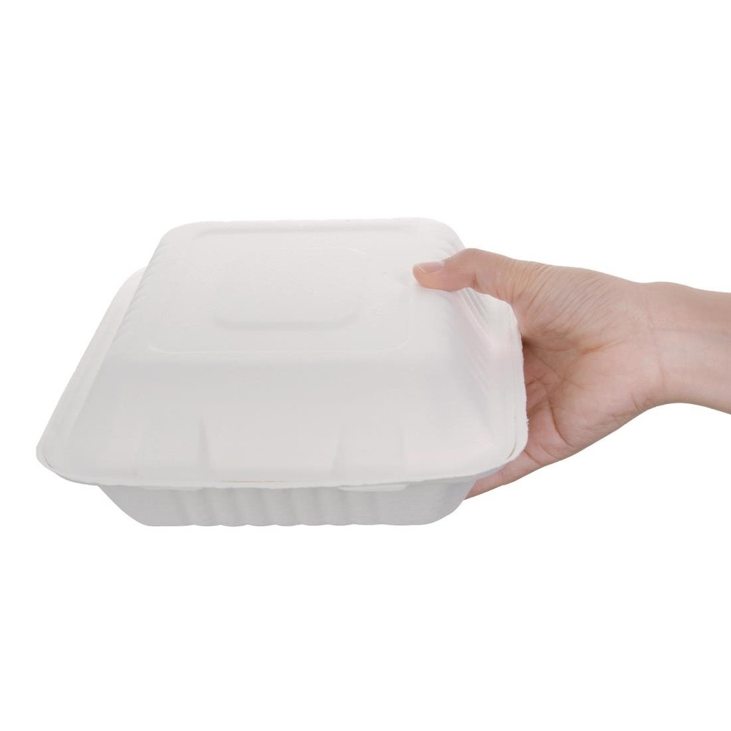 Boîtes avec couvercle à charnière compostables en bagasse Fiesta Compostable 223mm (lot de 200)