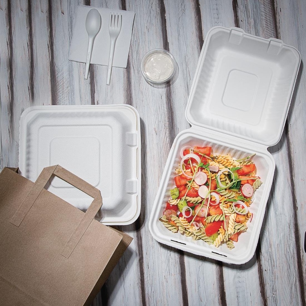 Boîtes avec couvercle à charnière compostables en bagasse Fiesta Compostable 223mm (lot de 200)