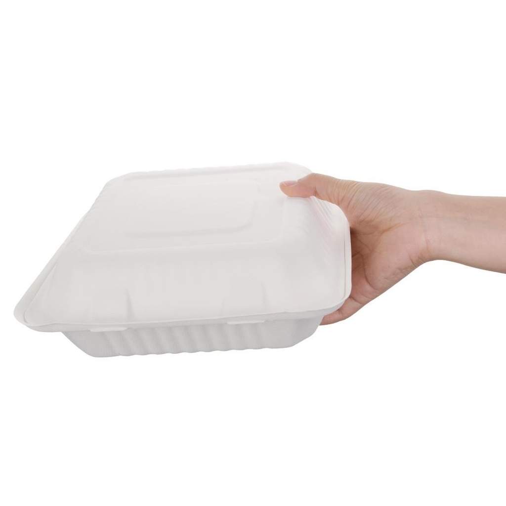 Boîtes avec couvercle à charnière compostables en bagasse Fiesta Compostable 236mm (lot de 200)