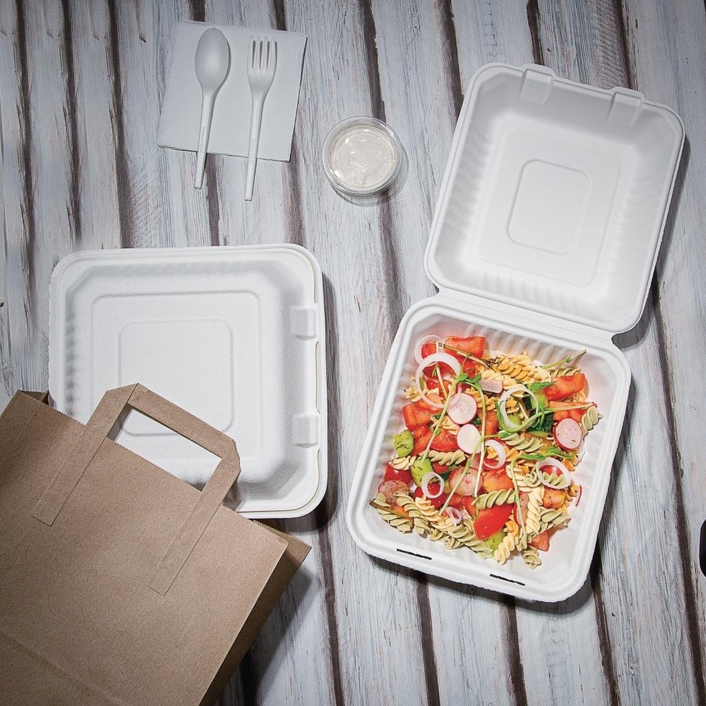 Boîtes avec couvercle à charnière compostables en bagasse Fiesta Compostable 236mm (lot de 200)