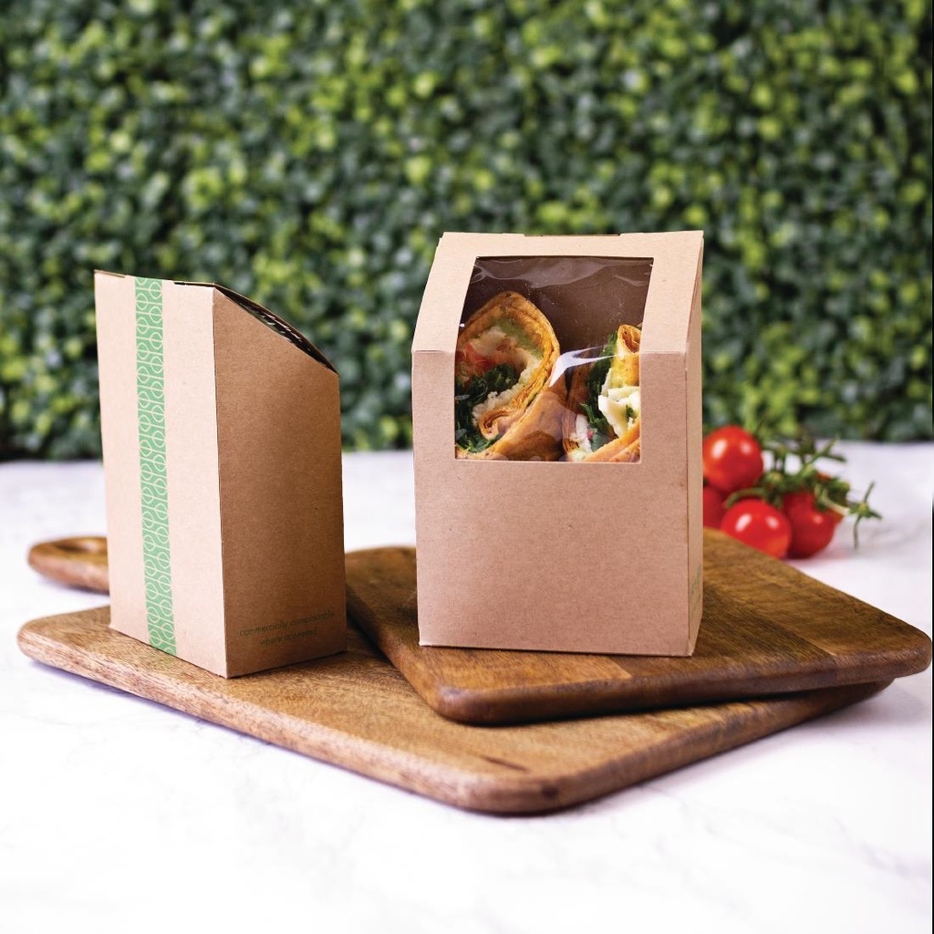 Boîtes à wrap et tortilla kraft compostables avec fenêtre PLA Vegware