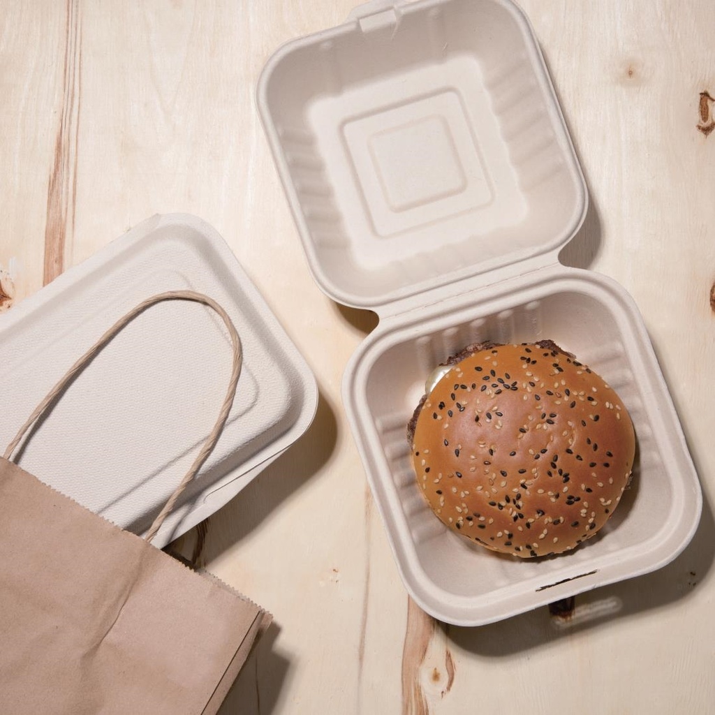Boîtes hamburger compostables en bagasse coloris naturel Fiesta Compostable 152mm (lot de 500)