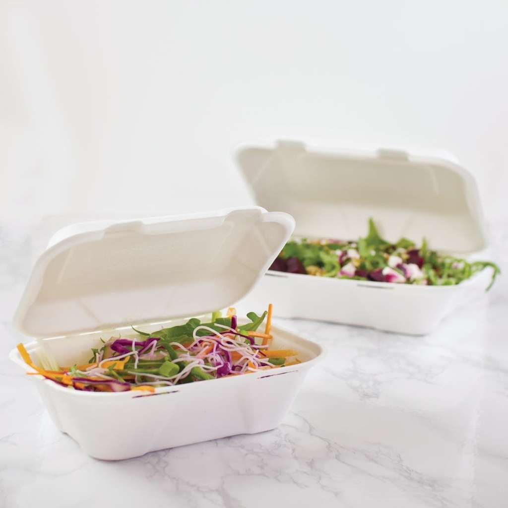 Boîtes repas en bagasse compostables avec couvercle à charnière Vegware 228mm (Lot de 200)