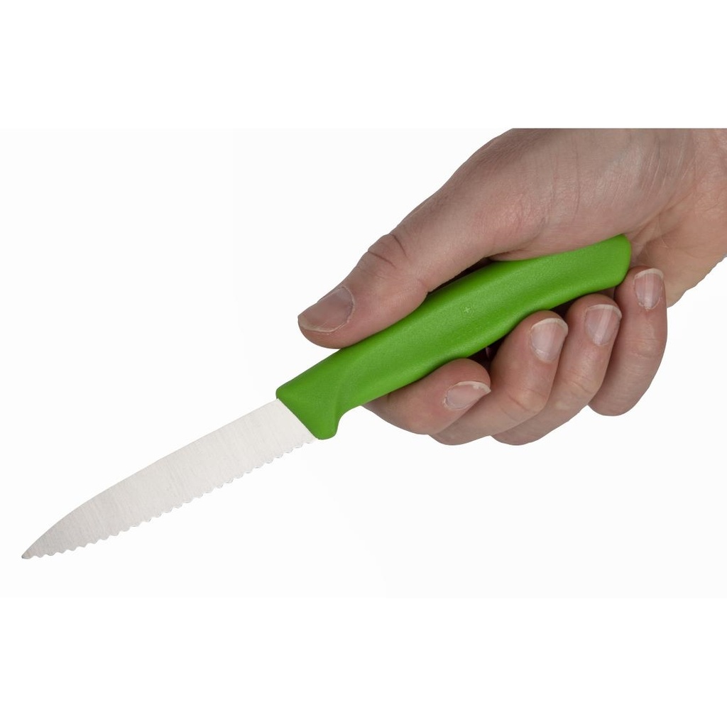 Couteau d'office lame dentée bout pointu Victorinox vert 80mm