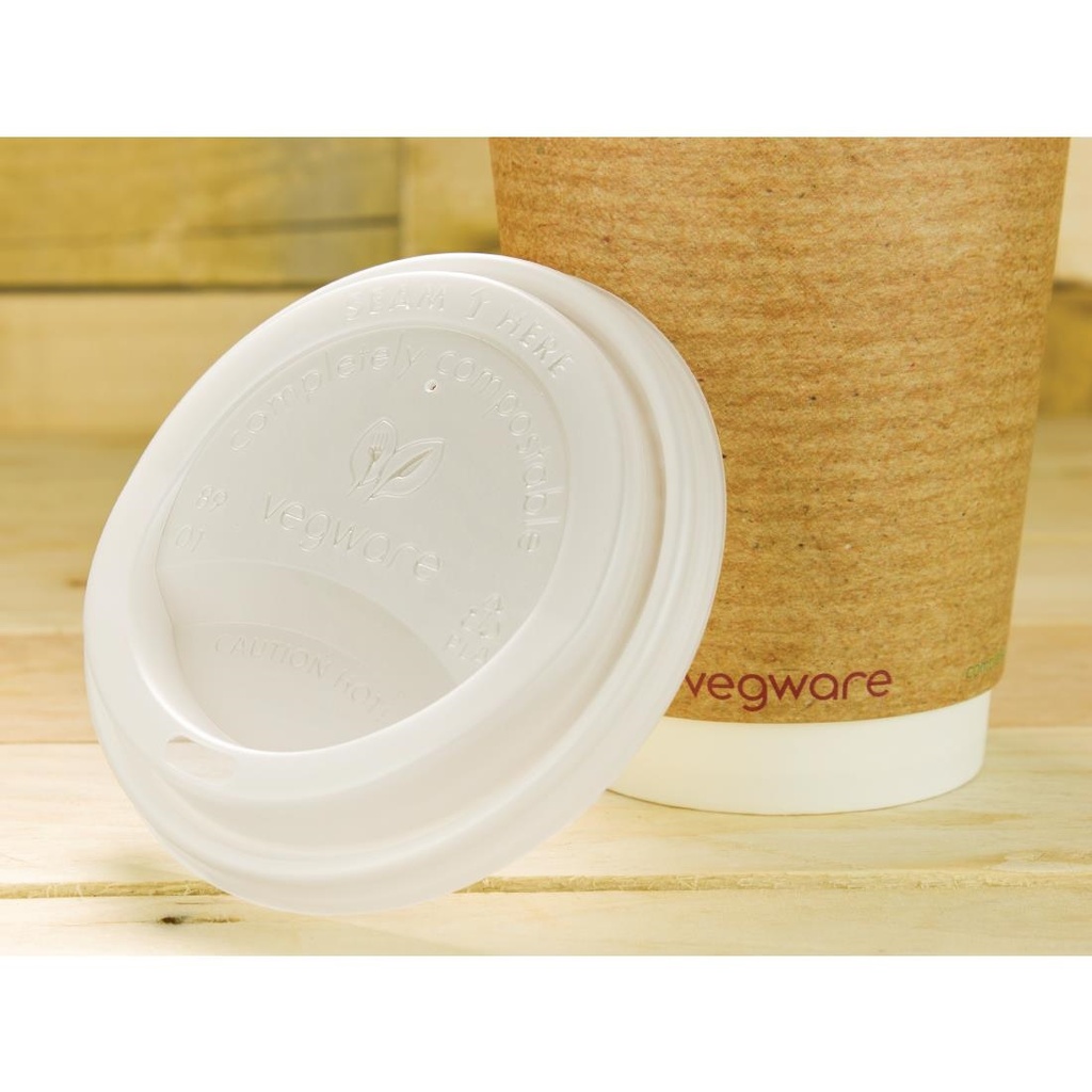 Couvercles compostables pour gobelets boissons chaudes Vegware 34 cl / 45,5 cl (x1000)