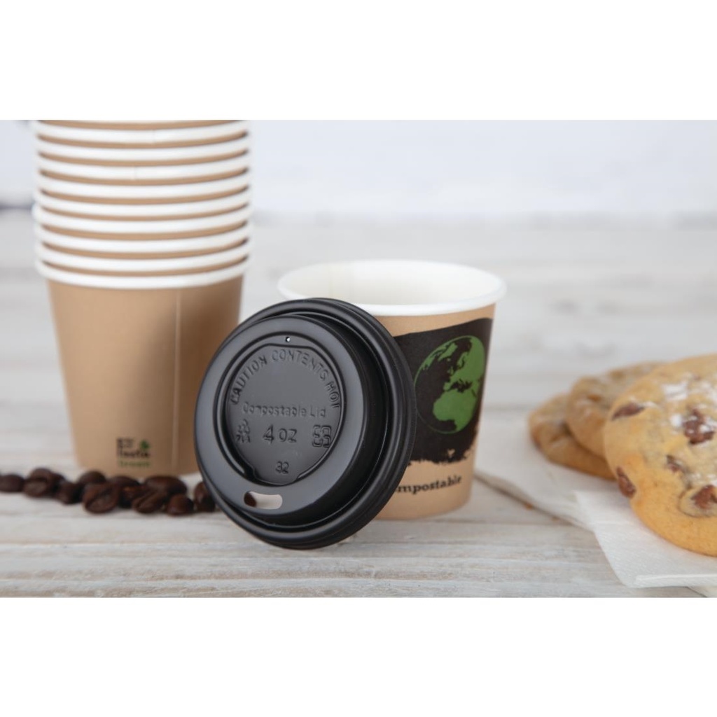 Couvercles noirs compostables en CPLA pour gobelets espresso 113ml Fiesta Compostable (x50)