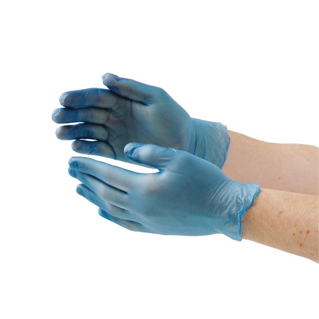 Gants alimentaires en vinyle poudré Hygiplas bleus M (Lot de 100)