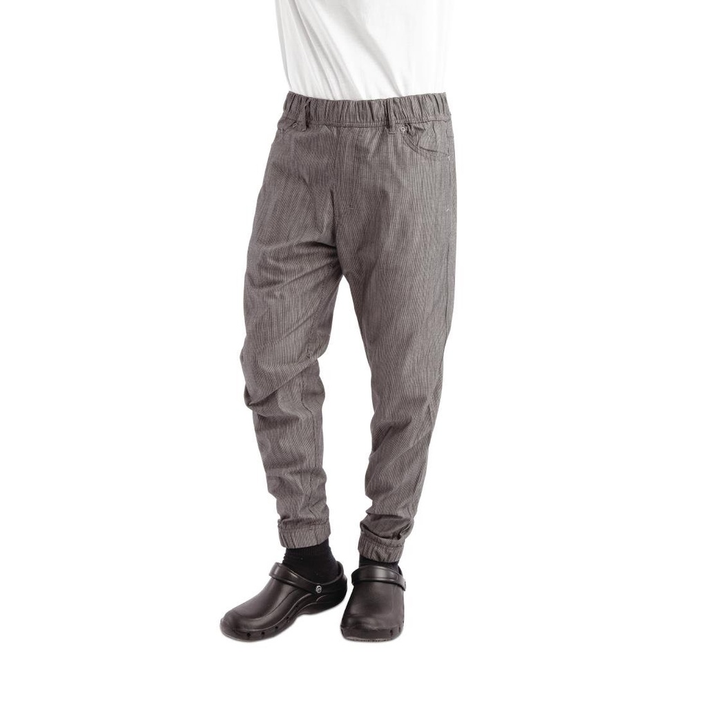 Pantalon de cuisine Works Urban Jogger 257 à fines rayures noires et blanches L