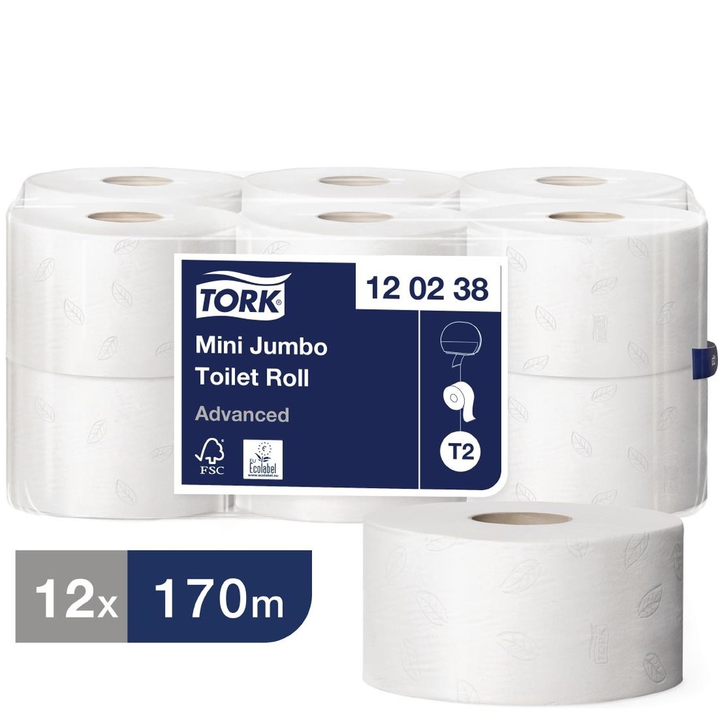 Papier toilette 2 plis Mini Jumbo Tork 170m (Lot de 12)