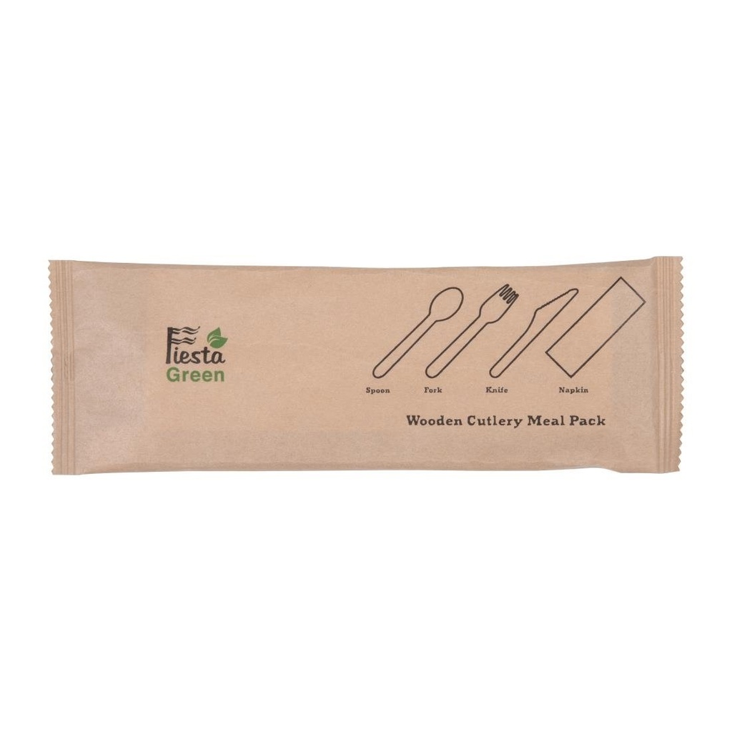 Sachets repas couverts en bois avec serviette Fiesta Compostable (lot de 250)