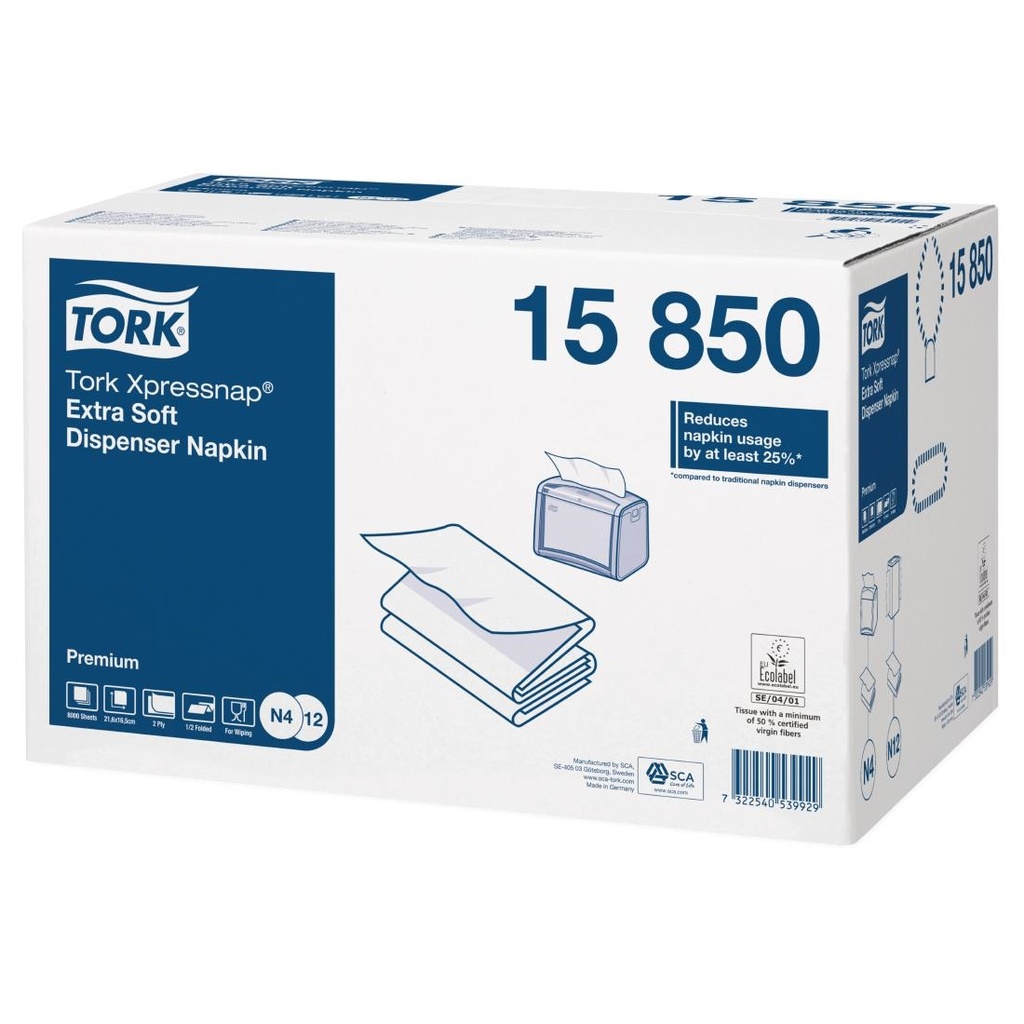 Serviettes blanches pour distributeur Tork Xpressnap Extra Soft  (Lot de 8000)