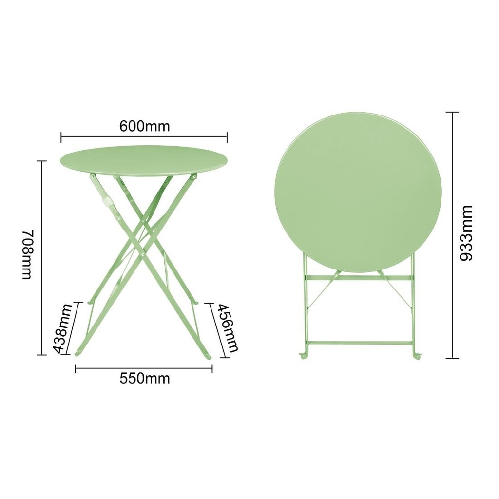 Table de terrasse carrée pliante en acier Bolero vert clair 595 mm