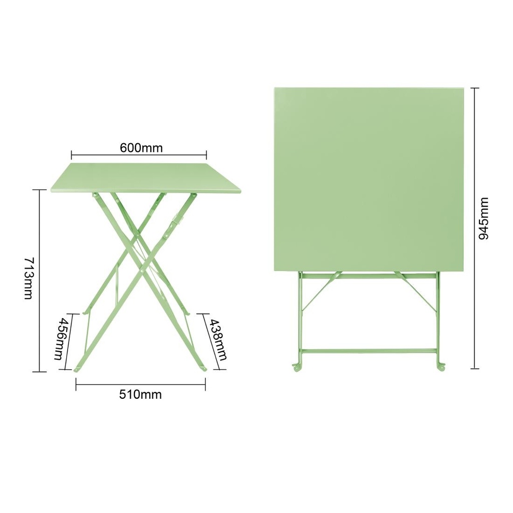 Table de terrasse carrée pliante en acier Bolero vert clair 600 mm