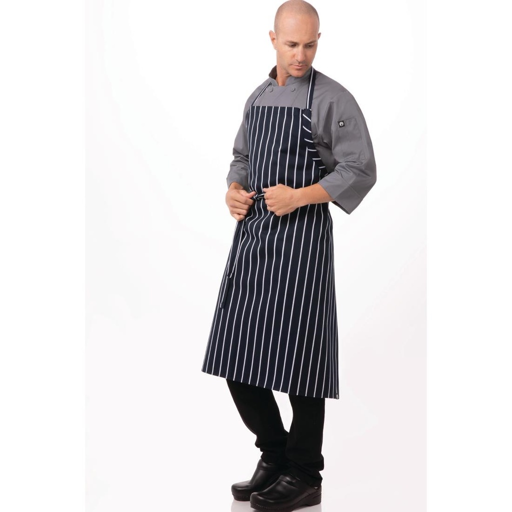 Tablier bavette tissé Chef Works Premium rayures bleue marine et blanches