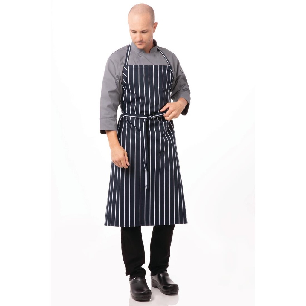 Tablier bavette tissé Chef Works Premium rayures bleue marine et blanches