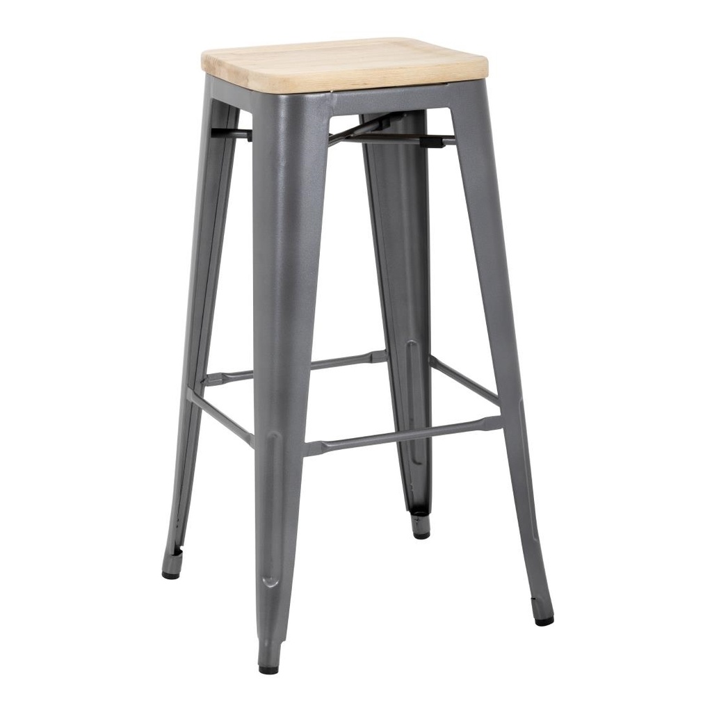 Tabouret bistro haut en acier gris avec assise en bois Bolero lot de 4