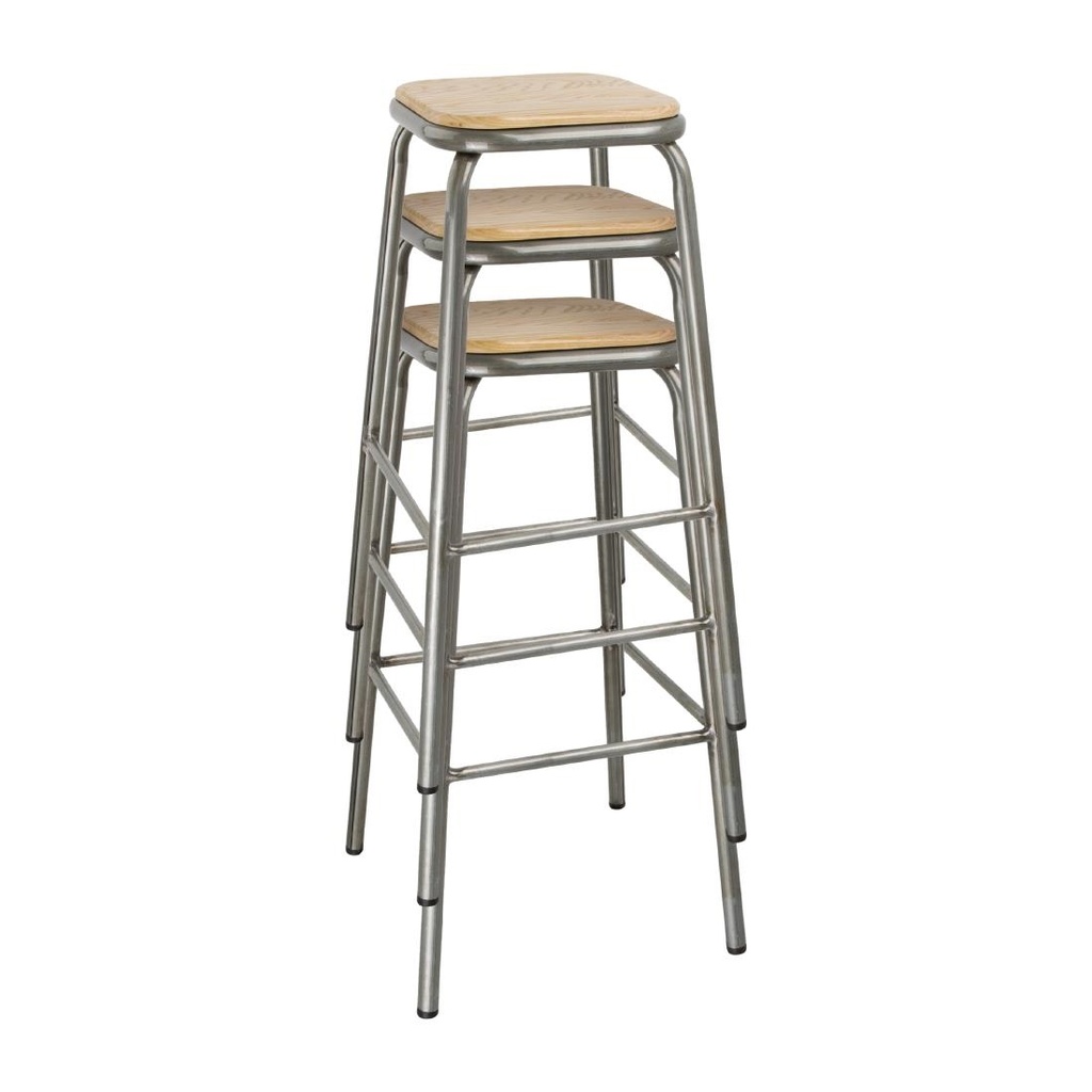 Tabouret haut en acier galvanisé avec assise en bois Bolero Cantina (lot de 4)