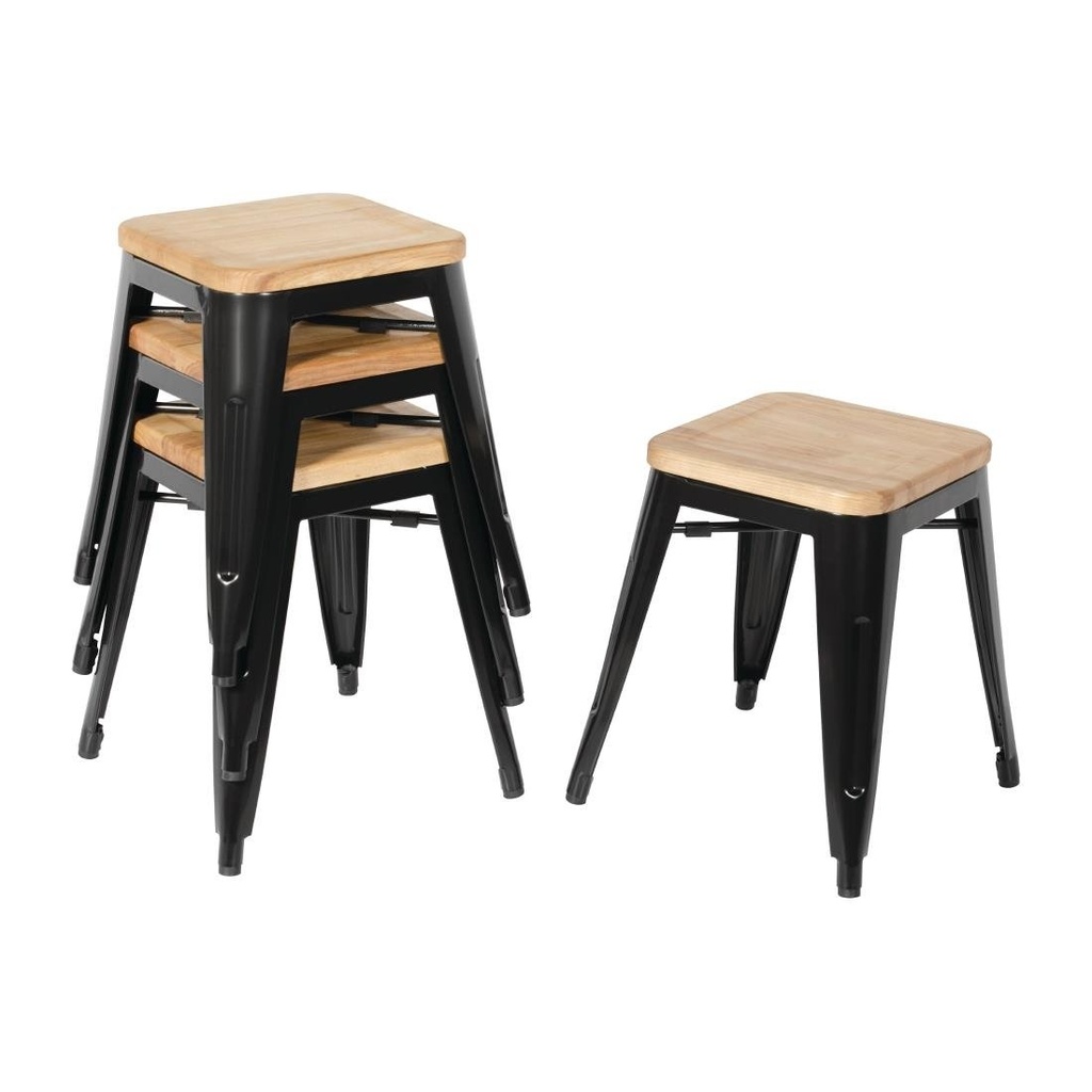 Tabourets bistro bas en acier noir avec assise en bois Bolero (lot de 4)