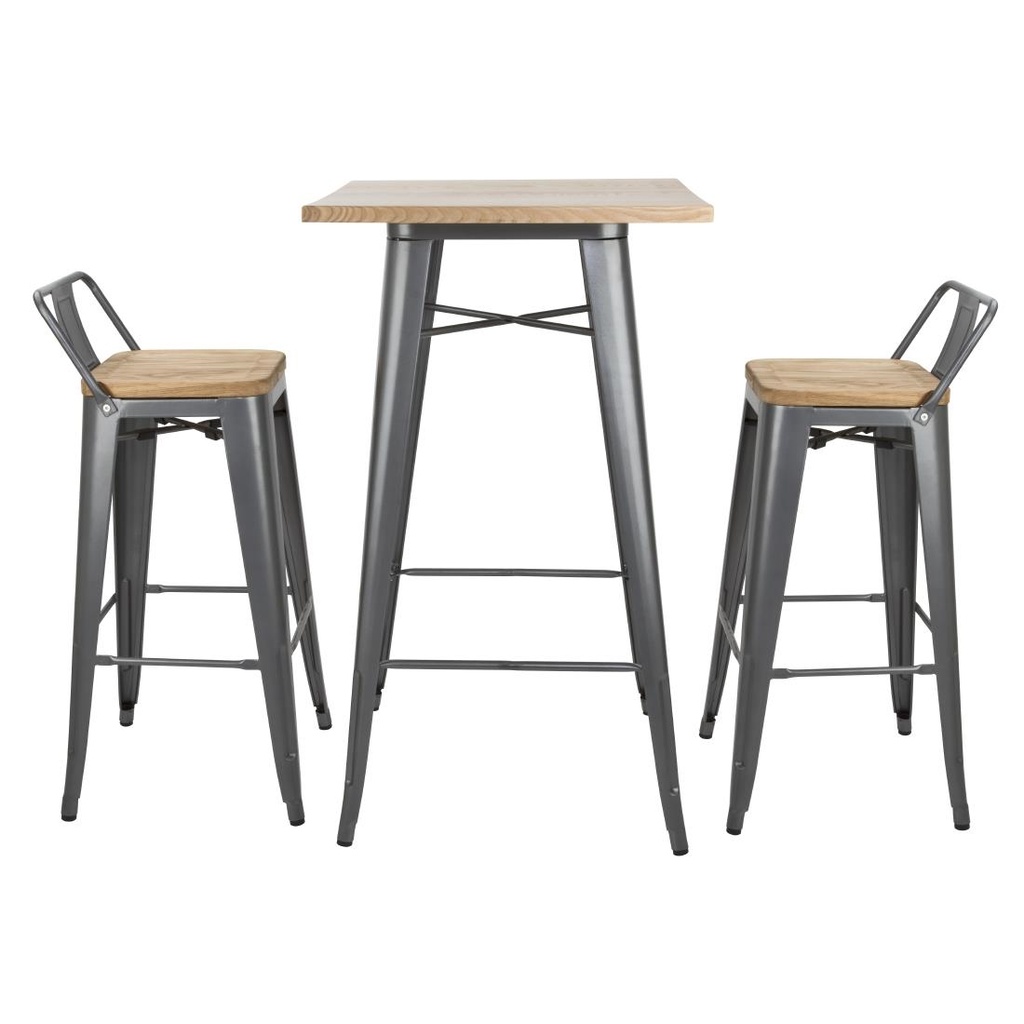 Tabourets bistro hauts avec dossier et assise en bois Bolero gris métallisé (lot de 4)