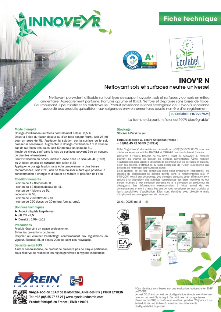 INOV'R N AGRUME - Flacon Doseur 1 L- Nettoyant sols,surfaces neutre - ECOLABEL