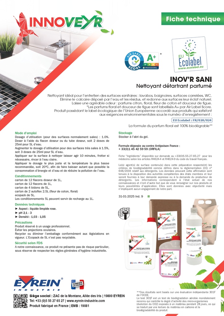 INOV'R SANI FLEUR DE COTON Ecolabel Flacon Doseur 1L