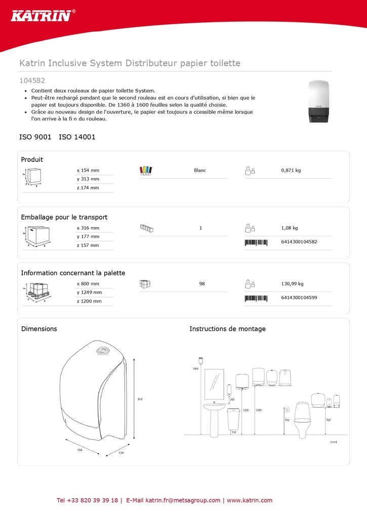 - DISTRIBUTEUR PH SYSTEM 2 ROULEAUX BLANC KATRIN INCLUSIVE