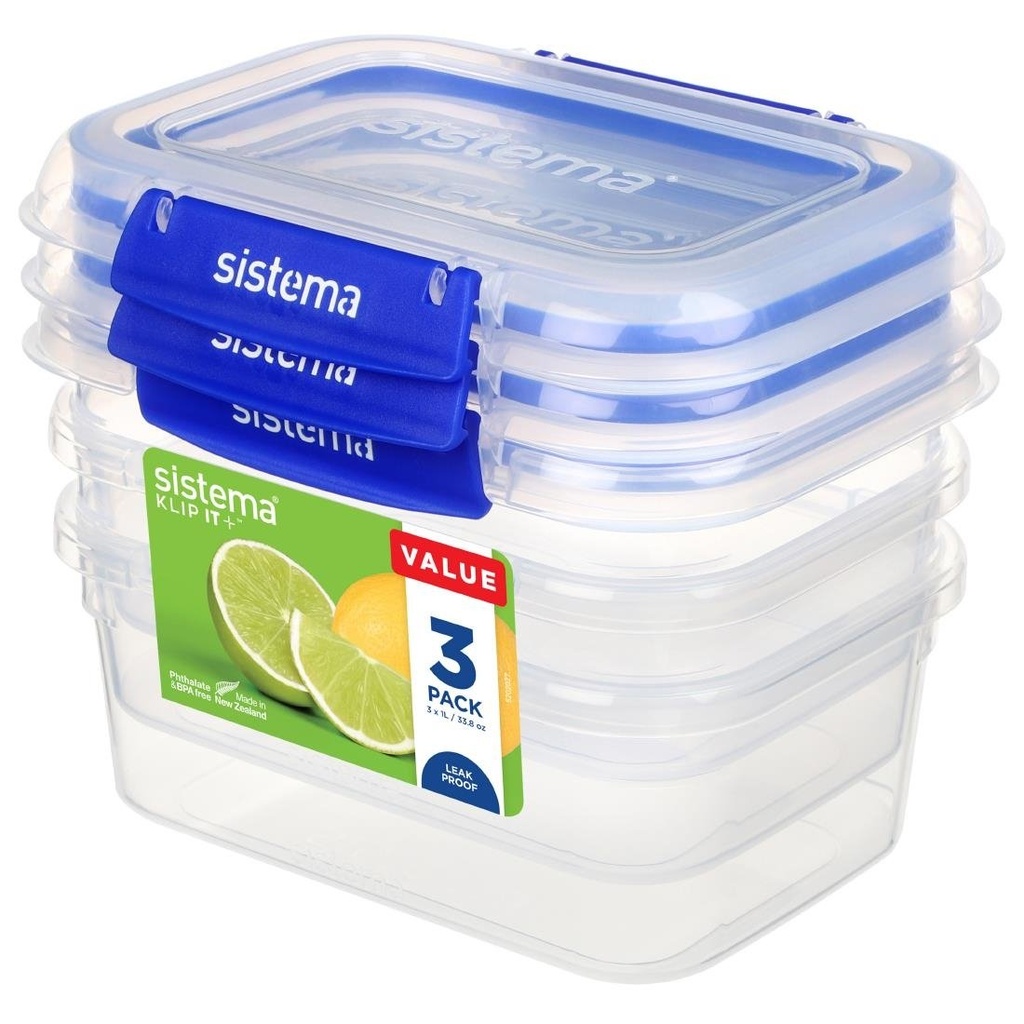 Boîtes alimentaires rectangulaires Sistema Klip It Plus 1L (lot de 3)