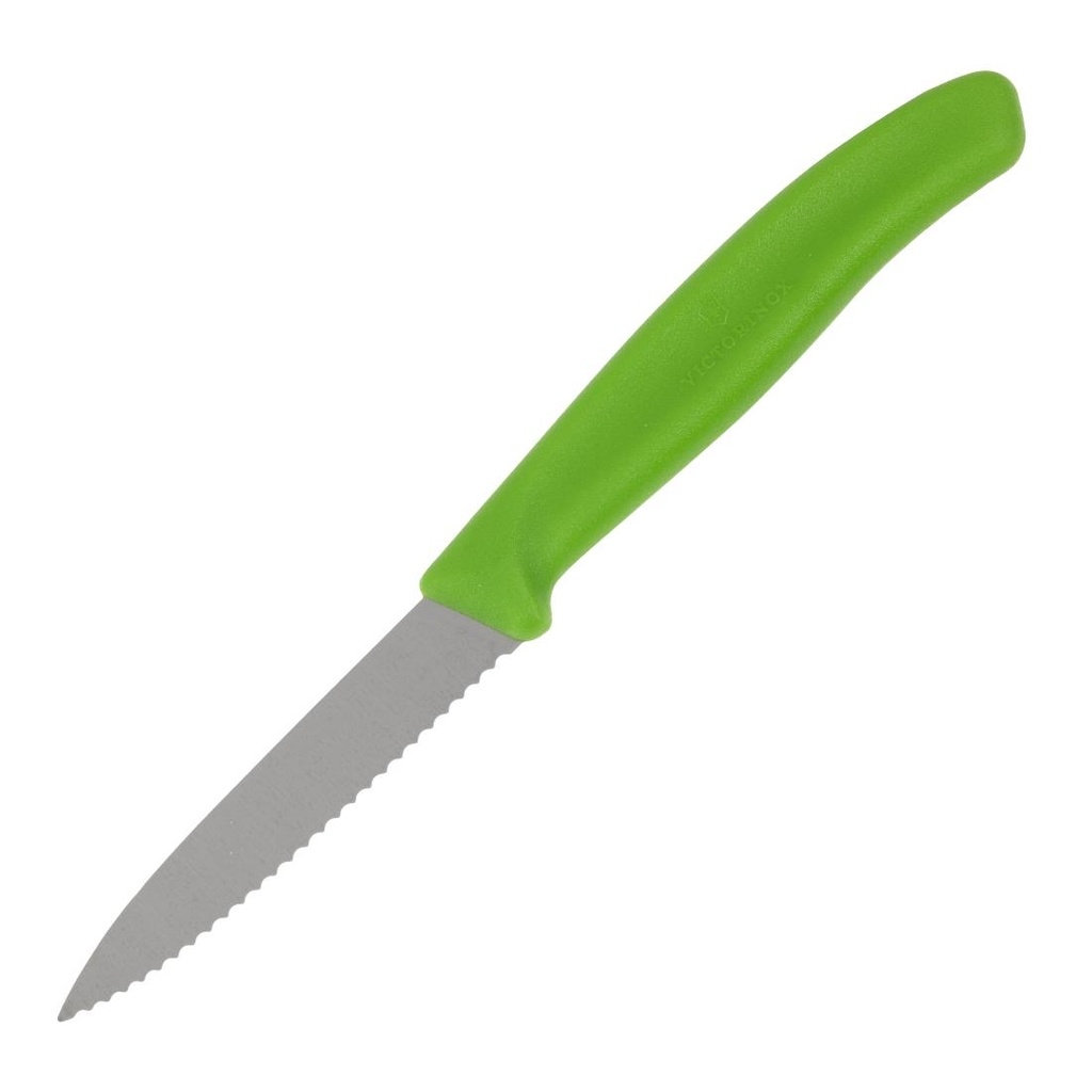 Couteau d'office lame dentée bout pointu Victorinox vert 80mm