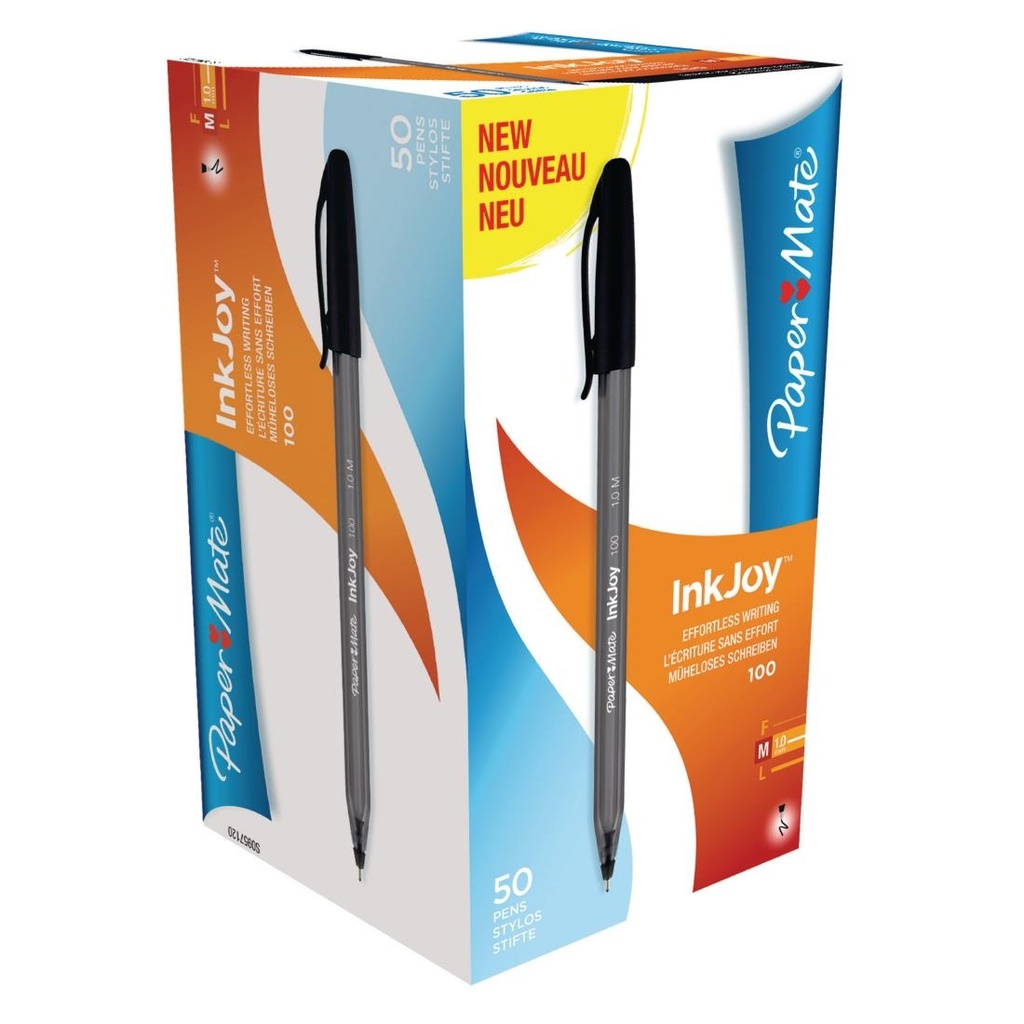 Stylos-bille pointe moyenne Paper Mate InkJoy 100 noirs (lot de 50)